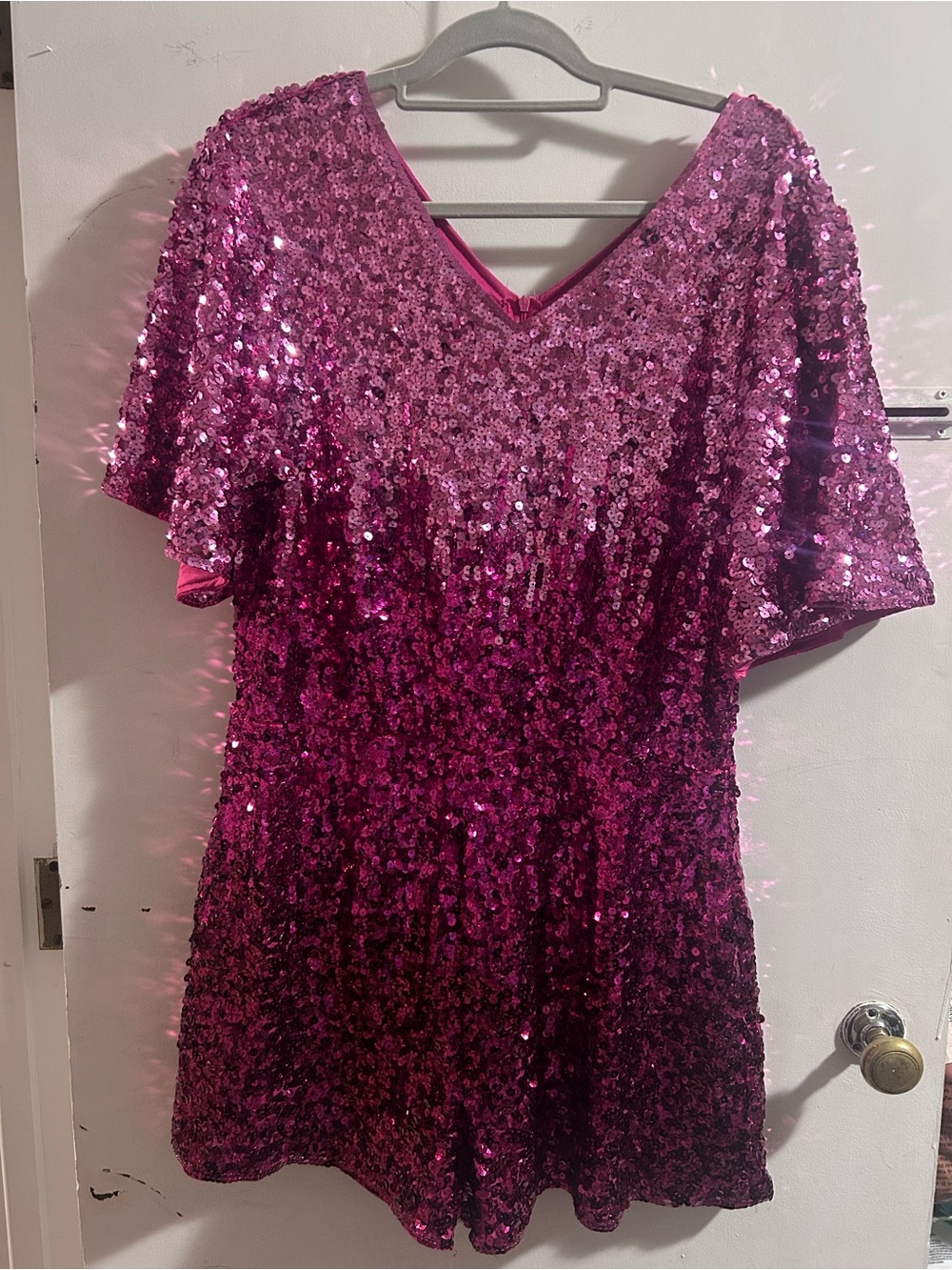 Sequin V-Neck Romper in Fuchsia Pink